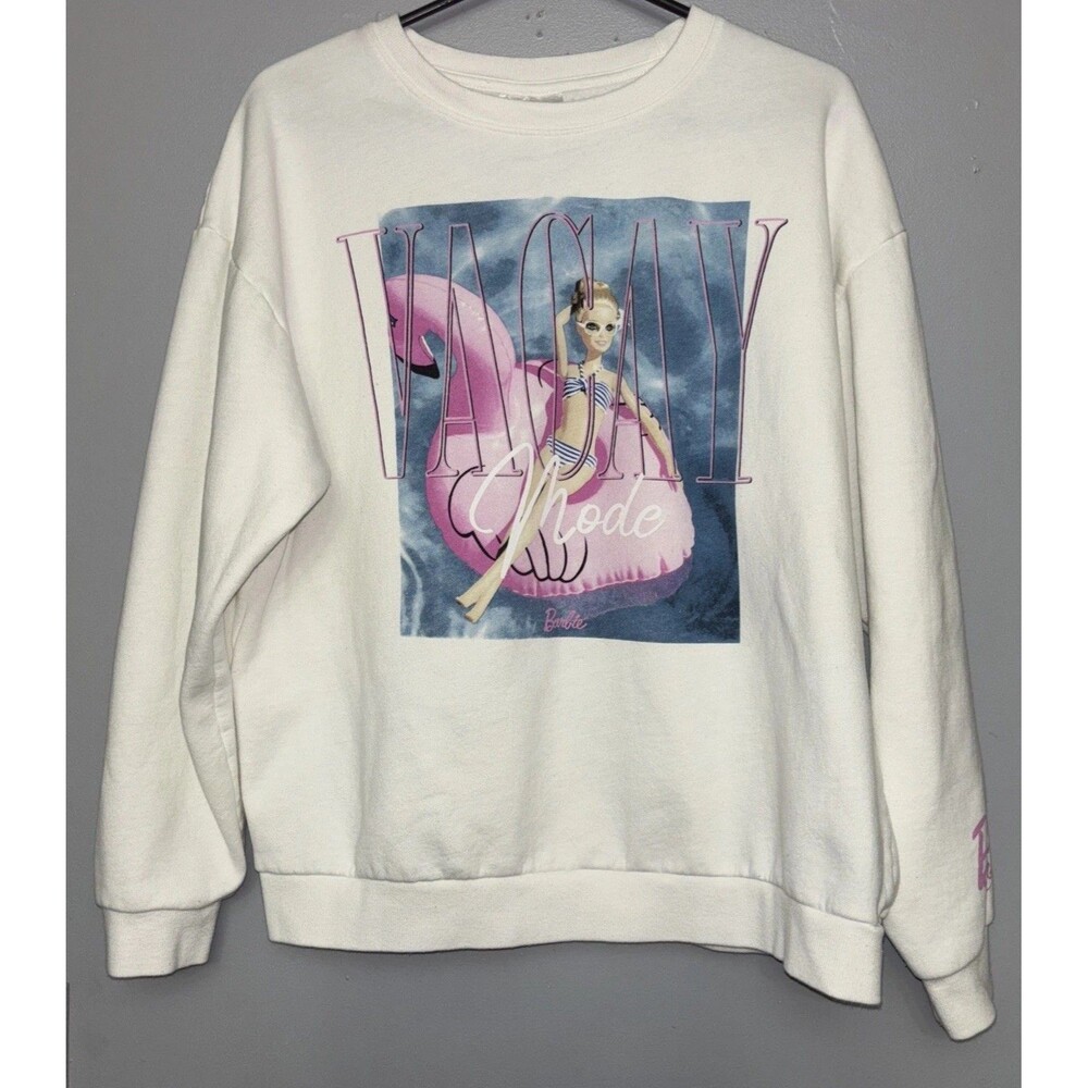 Barbie Womens Vacation Mode Graphic White Sweatshirt. Size Large